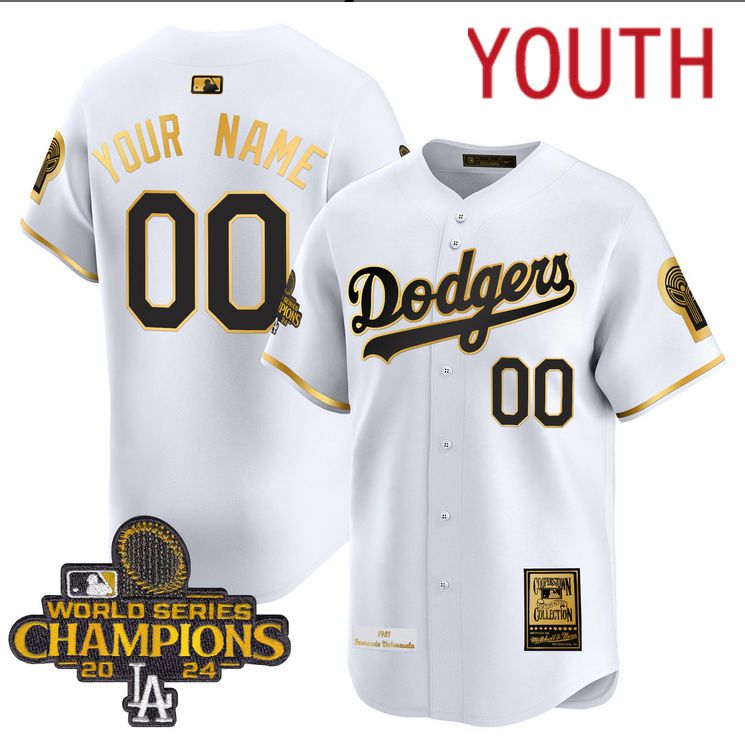 Youth MLB Los Angeles Dodgers Custom white 2024 World Series Champions Patch Cooperstown Jersey style 4